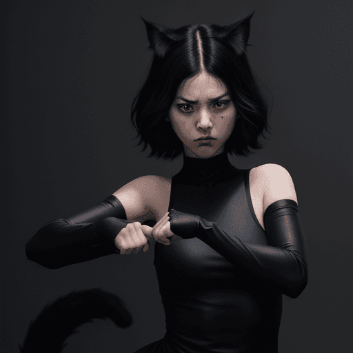 AI generated: black cat girl, serious fighting stance, red eyes, cute,  black hair, black tail, high resolution, d...