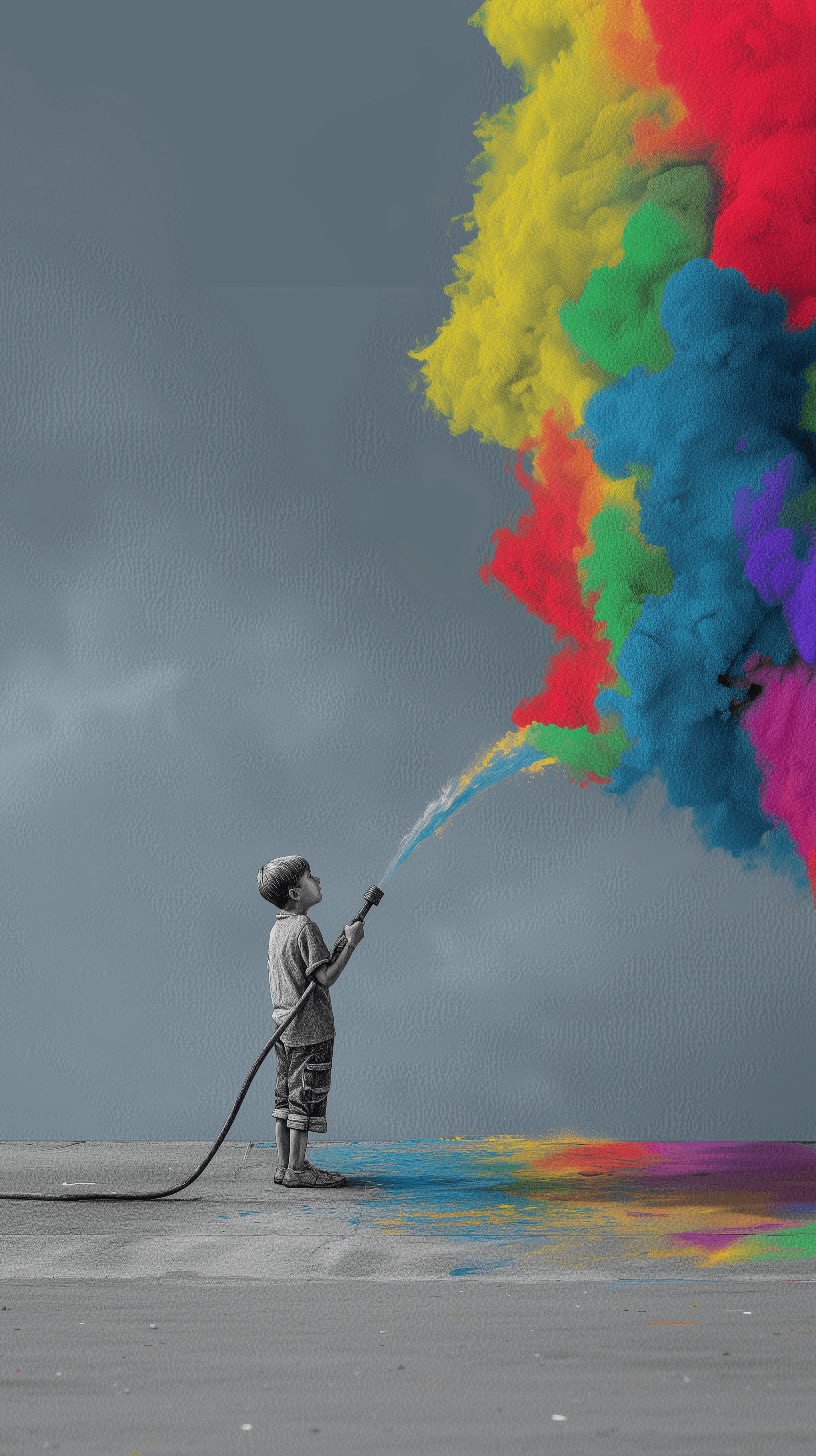 AI generated: surrealistic artwork, boy hoses water on a monochrome wall, colorful full color paint gushes out of ...