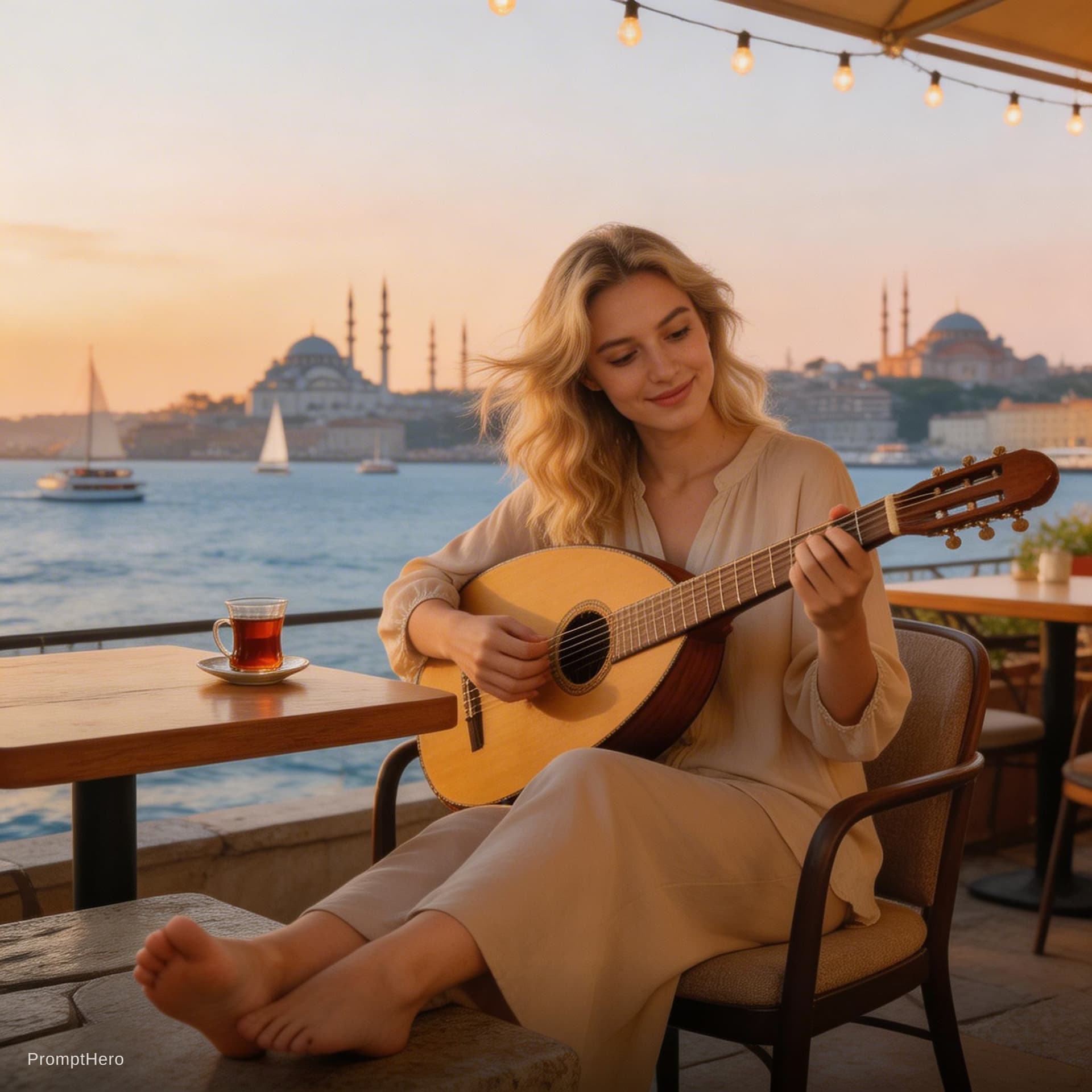 AI generated: A beautiful modern blonde Turkish girl sitting at a seaside cafe by the Bosphorus, playing an ud, he...
