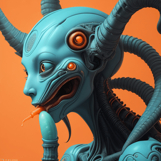 AI generated: alien cyborg art and illustration by theo el, in the style of balanced symmetry, light orange and cy...