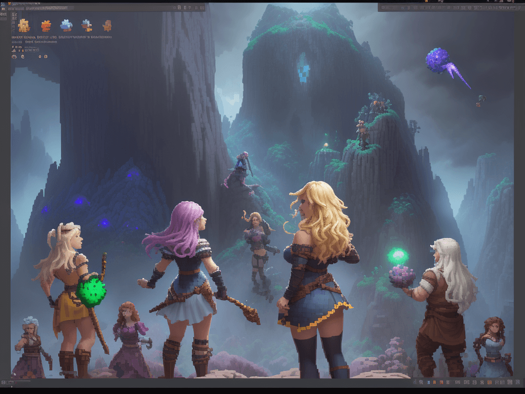 AI generated: make the girl at the center front panel and make her bigger, more like pixel art. high pixeleted pic...