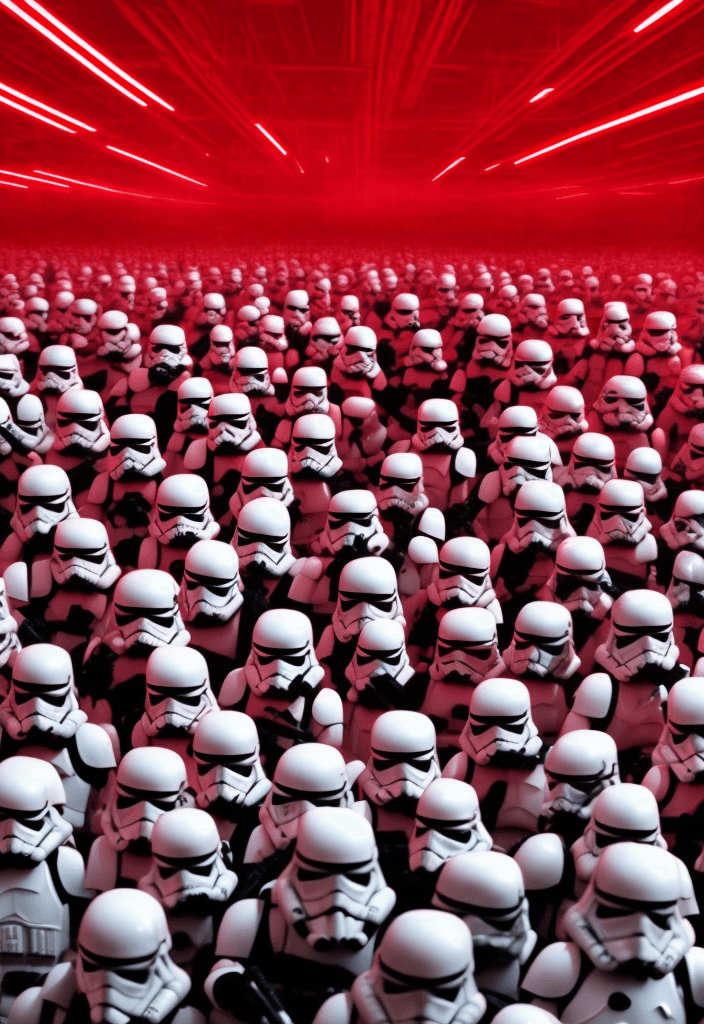 AI generated: by Za-Da darth vader, incredible beautiful red light, army of stormtroopers in the background, symme...