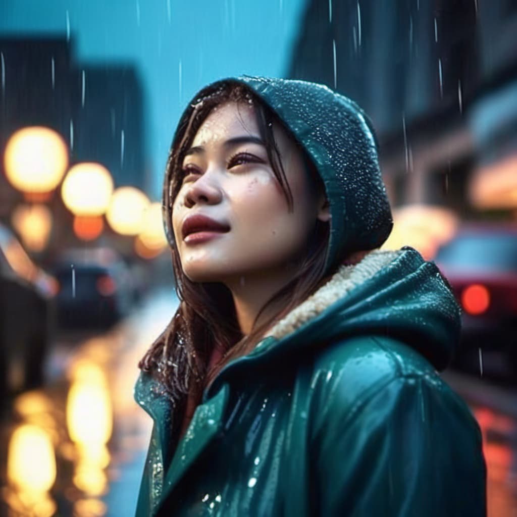 AI generated: retro atmosphere, Rainy winter streets, rain-soaked streetlights, all over the body, under the stree...