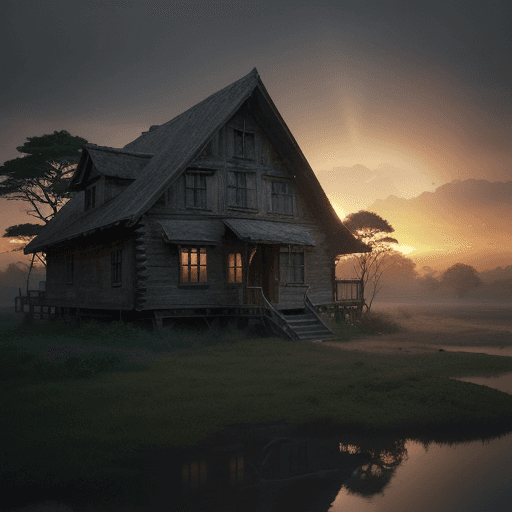 AI generated: organic shaped old wood house, dramatic light, pale sunrise, cinematic lighting, battered, low angle...