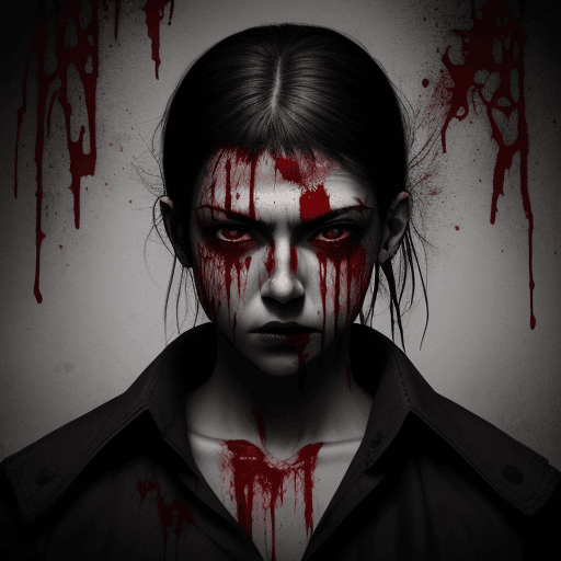AI generated: blood, bloody, head with clabados knives, blood-colored black eyes, 12k