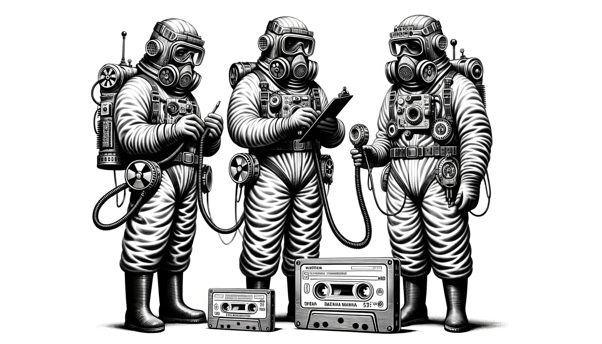 AI generated: Black and white image of three individuals in steampunk-inspired protective gear. They stand in a li...