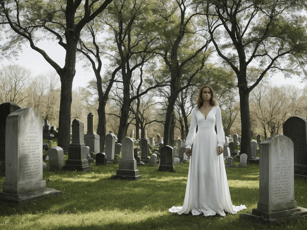 AI generated: The image depicts a woman in a white dress standing in a graveyard, surrounded by tombstones and tre...