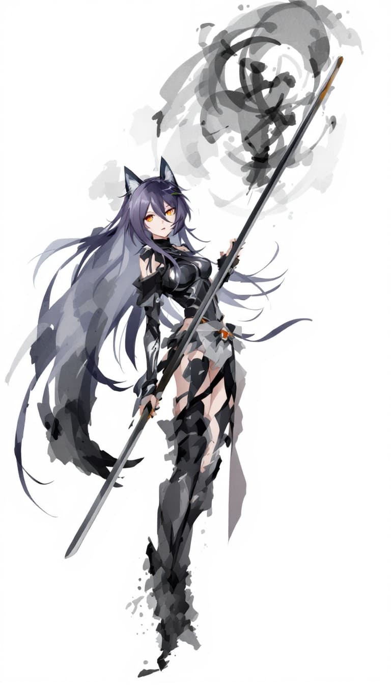 AI generated: 1 woman, weapon longsword, long hair, dark purple hair,cat ears, white background, solo, looking at ...