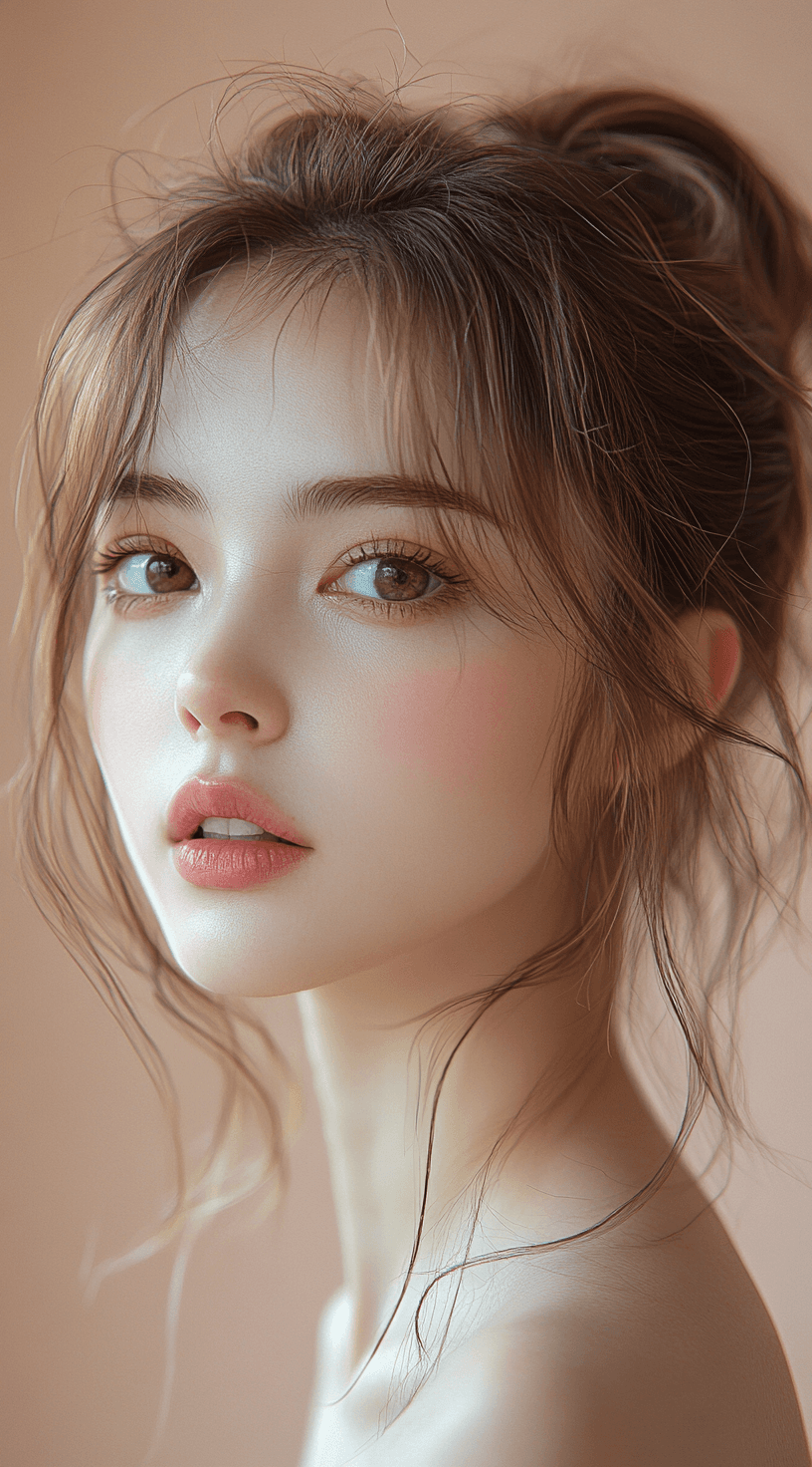 AI generated: A beautiful Chinese girl with brown hair in a low bun and light makeup, big eyes, peach pink backgro...