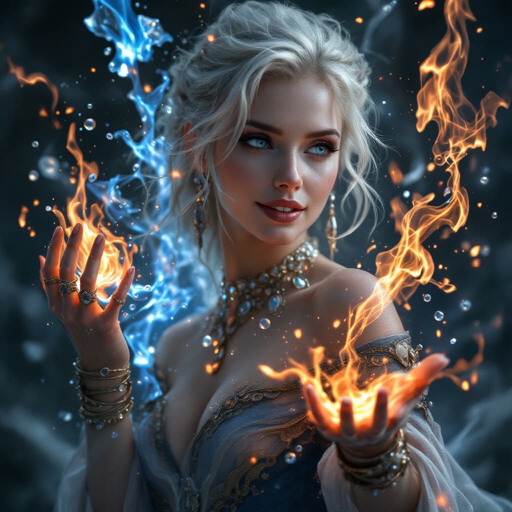 AI generated: A stunning slim female wizard stands poised in a dark magical dark fantasy realm, casting a mesmeriz...