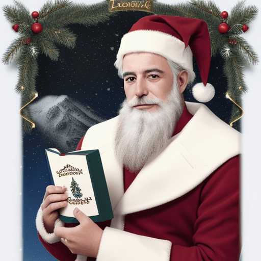 AI generated: Papa noel con un libro de leyes en la mano, fondo nevado y felicitando la navidad