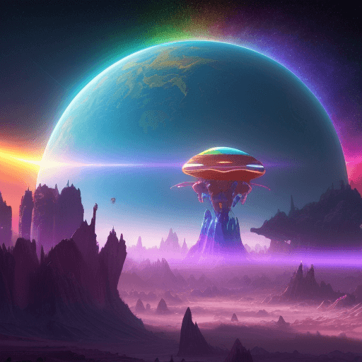 AI generated: A vibrant, colorful world of the future, where mankind, aliens, and AI live in peace and joy. Highly...