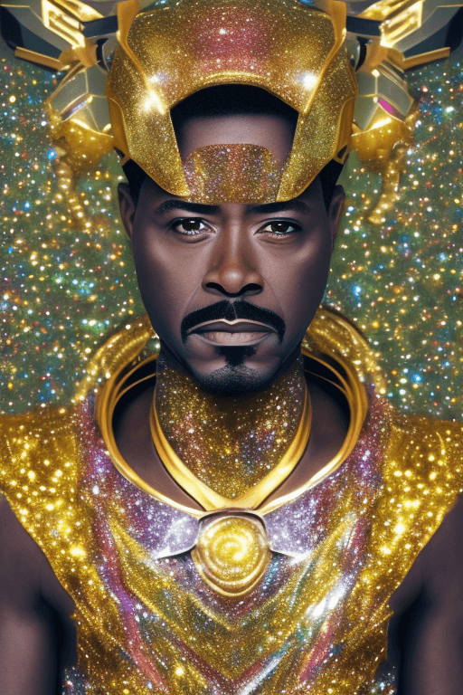 AI generated: Close-up of an African tony stark, glitter background, shiny glitter hair, professional profile phot...