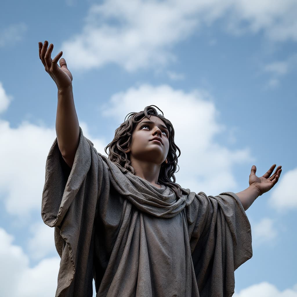 AI generated: statue, made of stone, craved chiseled chocolate stone statue of a young boy with long flowing hair ...