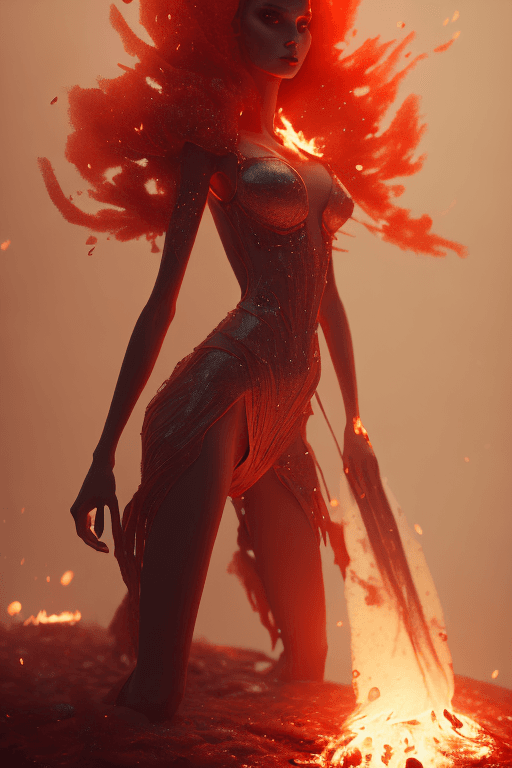 AI generated: mdjrny style v4 red ball gown, ingniting at the bottom, set on fire, perfectly redish, full body, la...