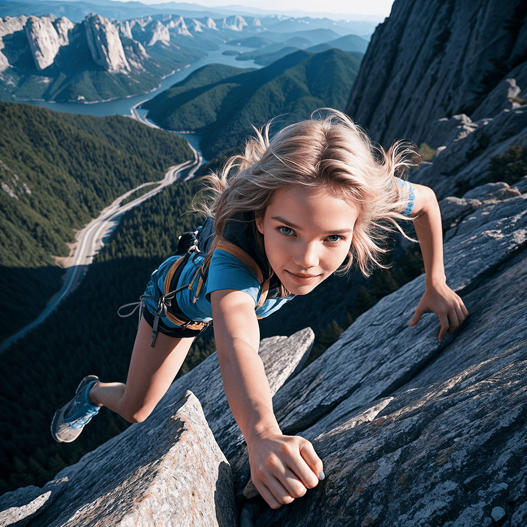 AI generated: top view, very dynamic and acrophobic composition, cute girl climber Sasha Luss climbs the mountain ...