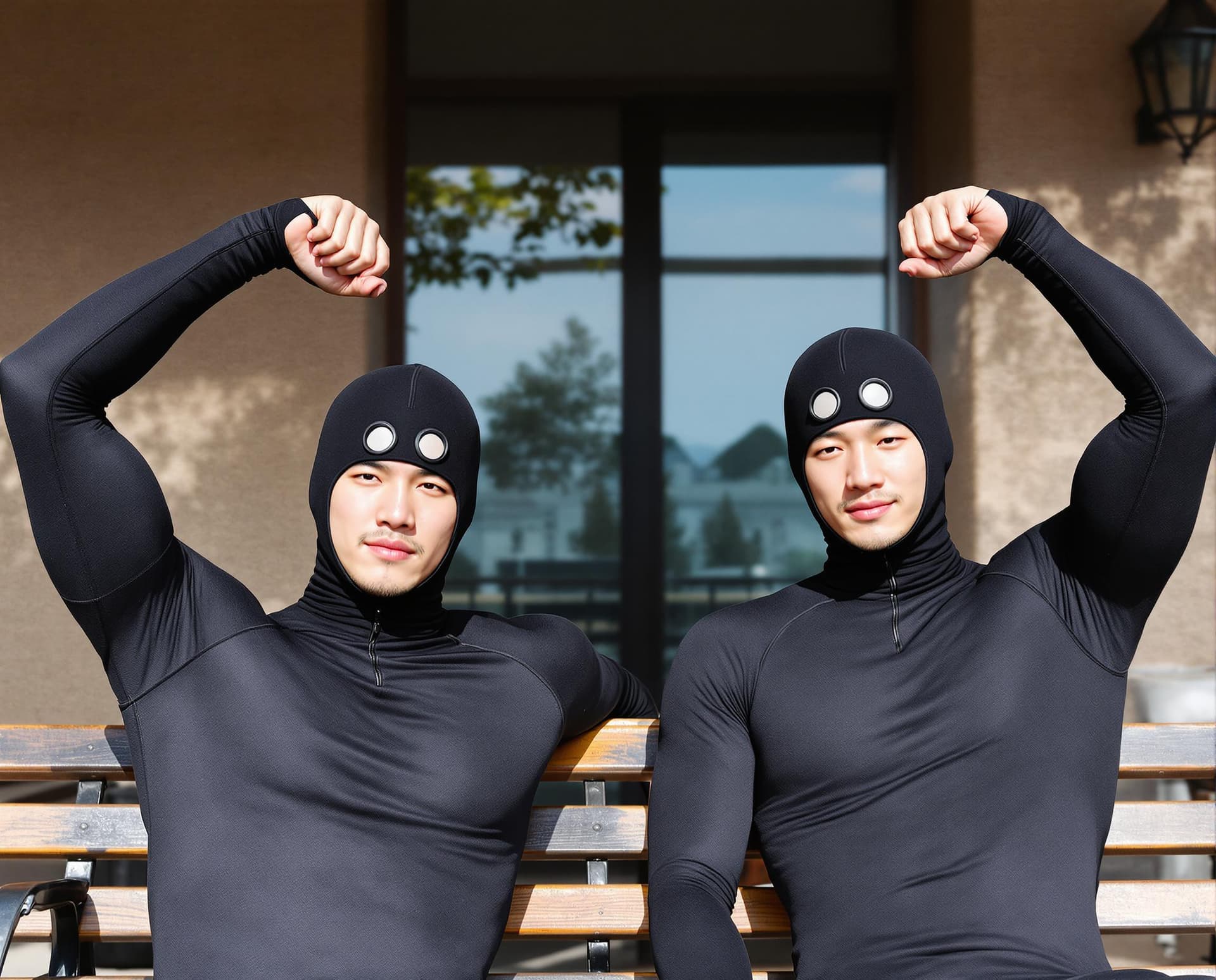 AI generated: Two male Asian born Taiwanese strong athletes wearing compression jammers in day time. They are sitt...