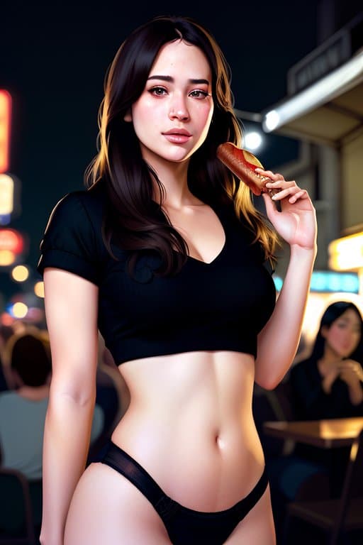 AI generated: a girl eating a hot dog, full shot, fine - face, realistic shaded perfect body, fine details. night ...