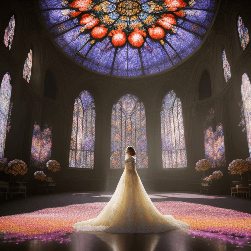 AI generated: Inside a grandiose, sun-filled ballroom where nature has taken over, a woman stands surrounded by an...