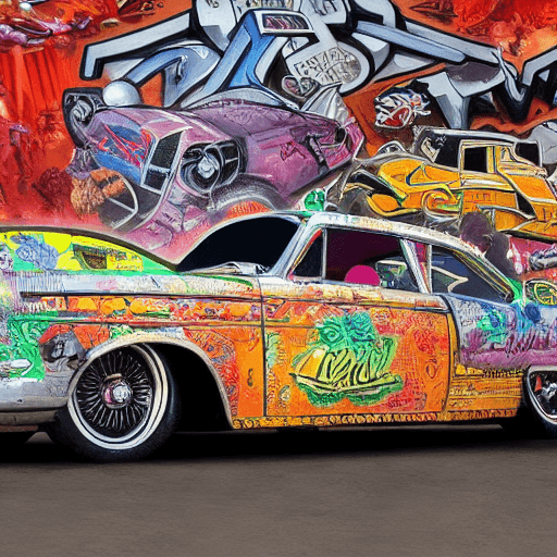 AI generated: a realistic vintage car adorned with an intricate, graffiti-style mural, full wide view, highly deta...