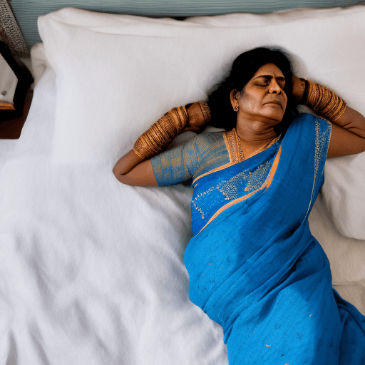 AI generated: 4K Photo of a sleeping Indian woman in her 50s (she dyes her hair black), in a blue gown, sleeping w...