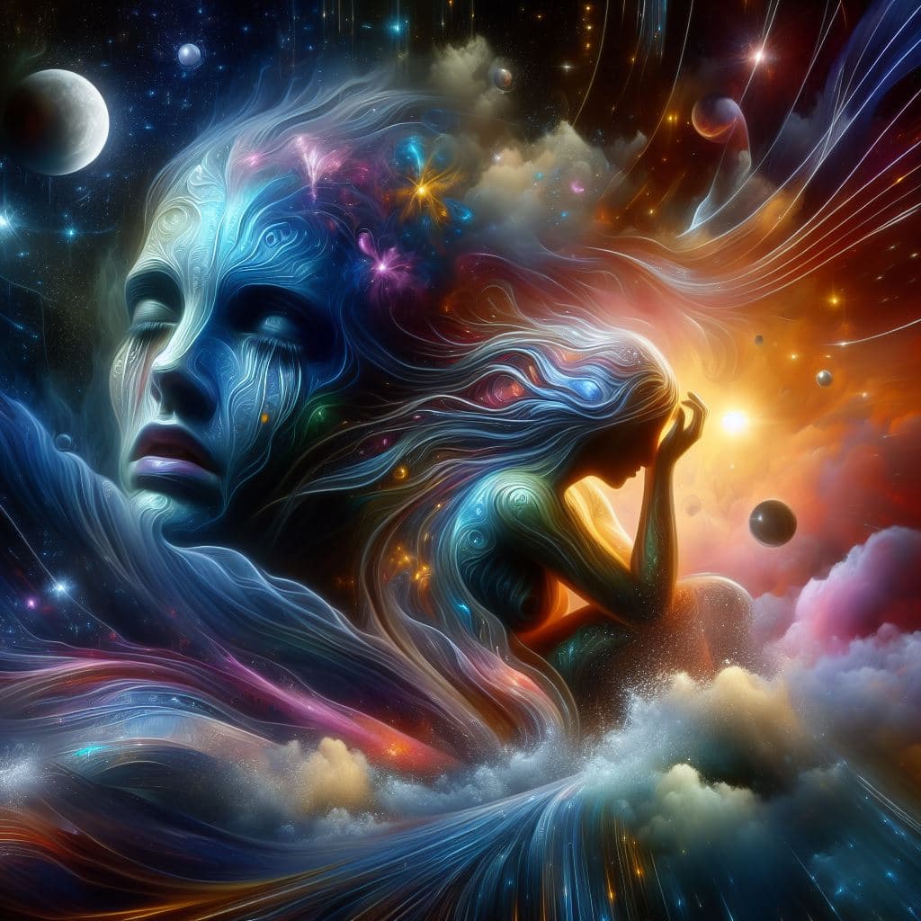 AI generated: sadness and joy  in a sureal world,shiny,dynamic lights,high detailed,greg rutkowski and jean ansell