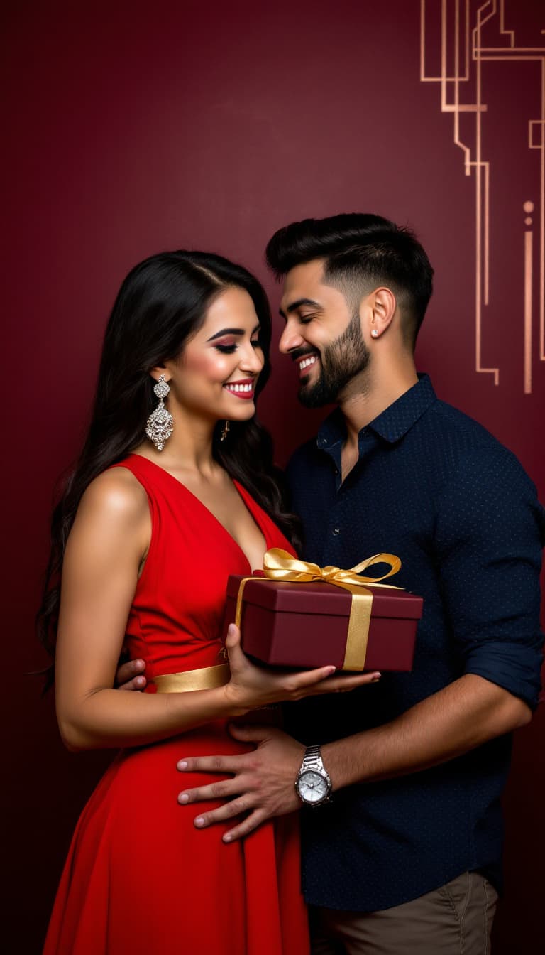AI generated: A luxurious proposal moment captured against a deep burgundy backdrop with an elegant art deco patte...