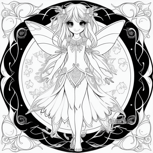 AI generated: Fairy coloring page, fairy, with beautiful eyes, sweet smile, walking, black lines white background,...