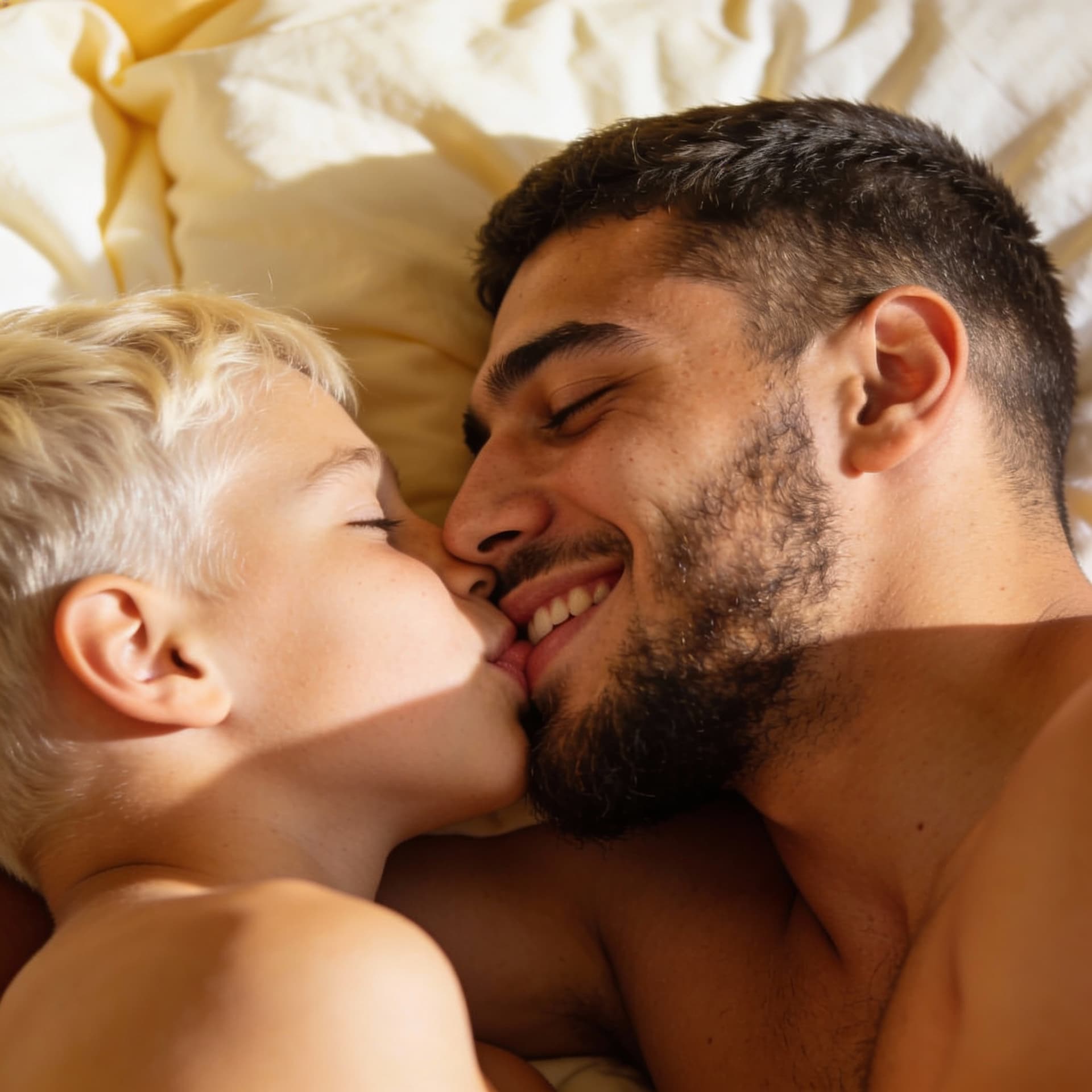 AI generated: Fait garçon blanc blond qui embrasse sur la bouche un jeune tchétchène de 20 ans barbu qui sourit de...