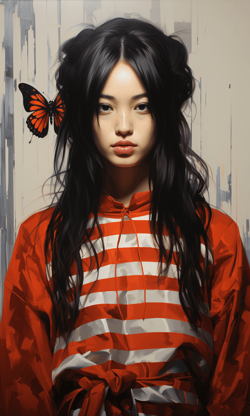 AI generated: hawaiian artist mr ko san presents his female model in a red striped dress, in the style of haunting...