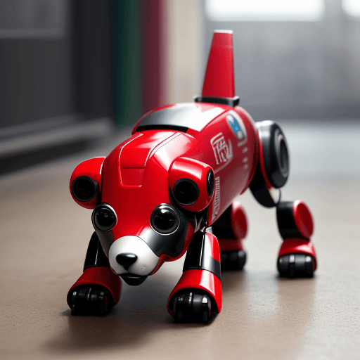 AI generated: perro robot rojo,con antenas,ojos verdes,de patas largas,