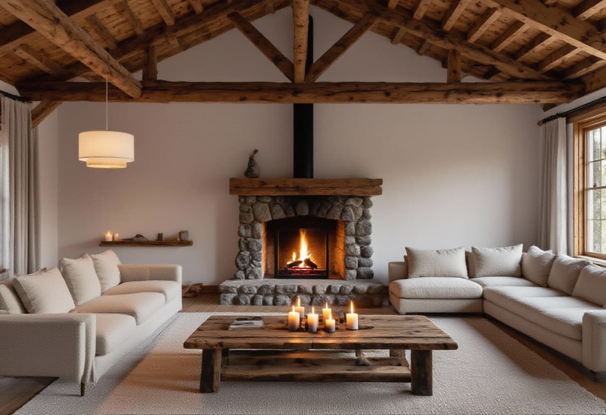 AI generated: A modern rustic living room with exposed wooden beams, linen sofas, a stone fireplace, and candles o...