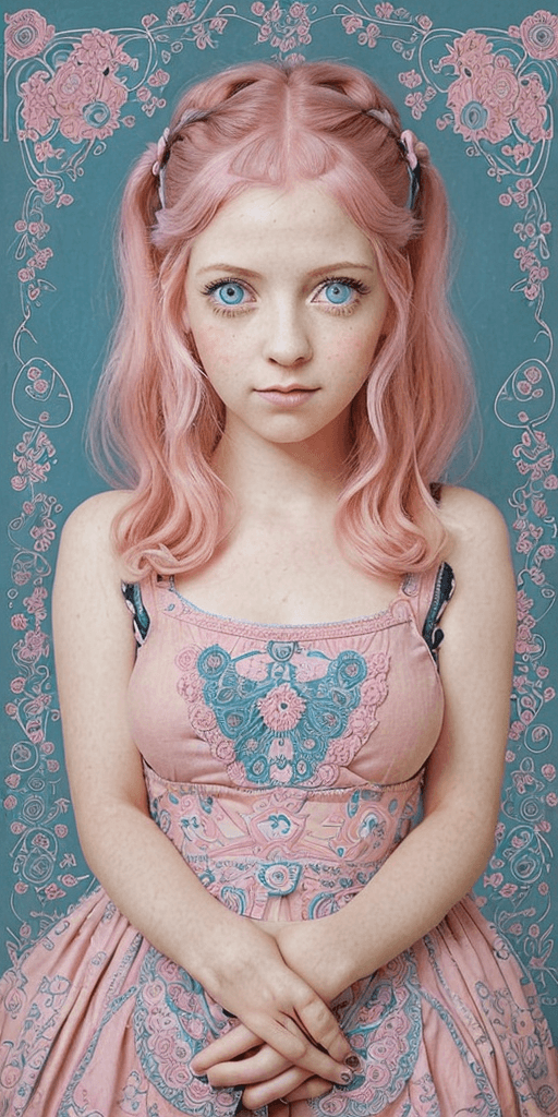 AI generated: A girl with pink hair and blue eyes in an Antique style. The girl has beautiful and big eyes, with l...