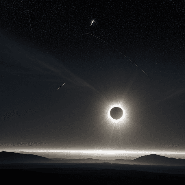 AI generated: Total solar eclipse, many stars, shooting stars