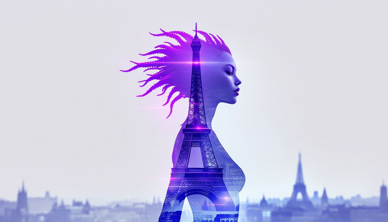 AI generated: Double Exposure illustration: A silhouette of a stunning Alien woman with neon purple spiney hair, s...