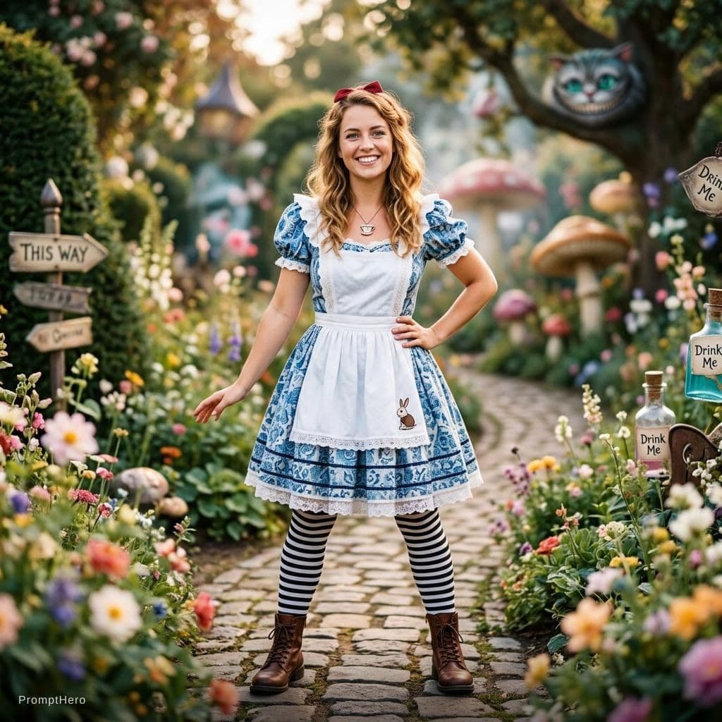AI generated: Maak een afbeelding van een jonge zelfzekere vrouw in de stijl van Alice in Wonderland, haar houding...