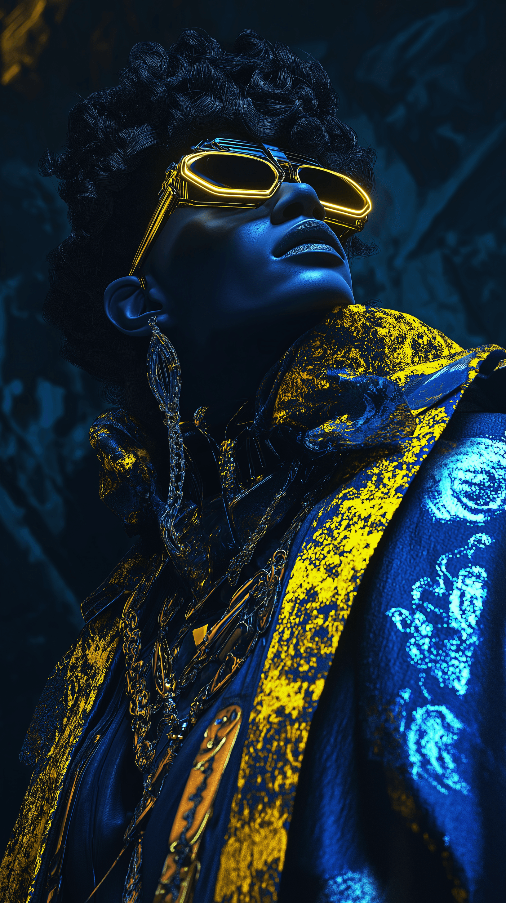 AI generated: fashion photography, neo-baroque cyber style, royal figure in futuristic attire, deep blue and neon ...