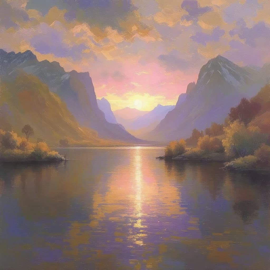 AI generated: “A serene landscape of a calm lake surrounded by mountains, (sunrise:1.2), soft colors, (reflections...