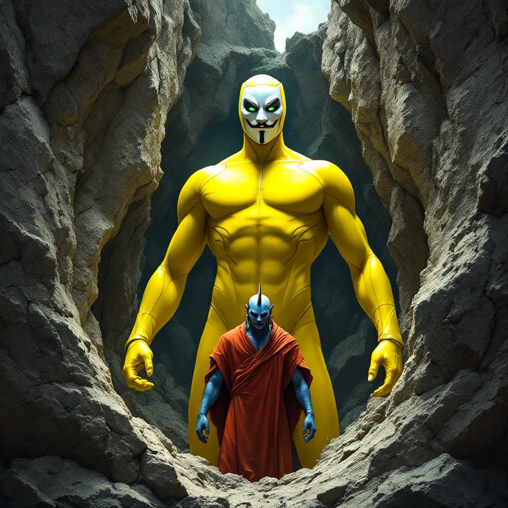 AI generated: A tall, slender hero wearing a bright yellow suit, with a white mask resembling the one from 'V for ...