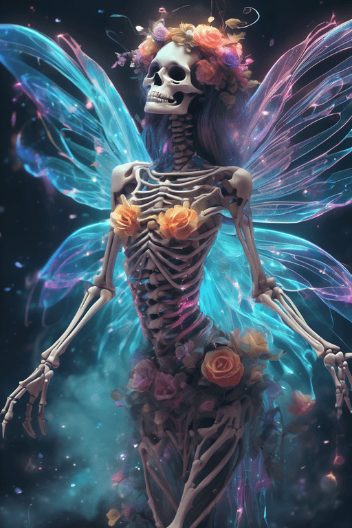 AI generated: full body image of a fairy, fairy skeleton diagram, wing skeleton and anatomical details,

, breat...