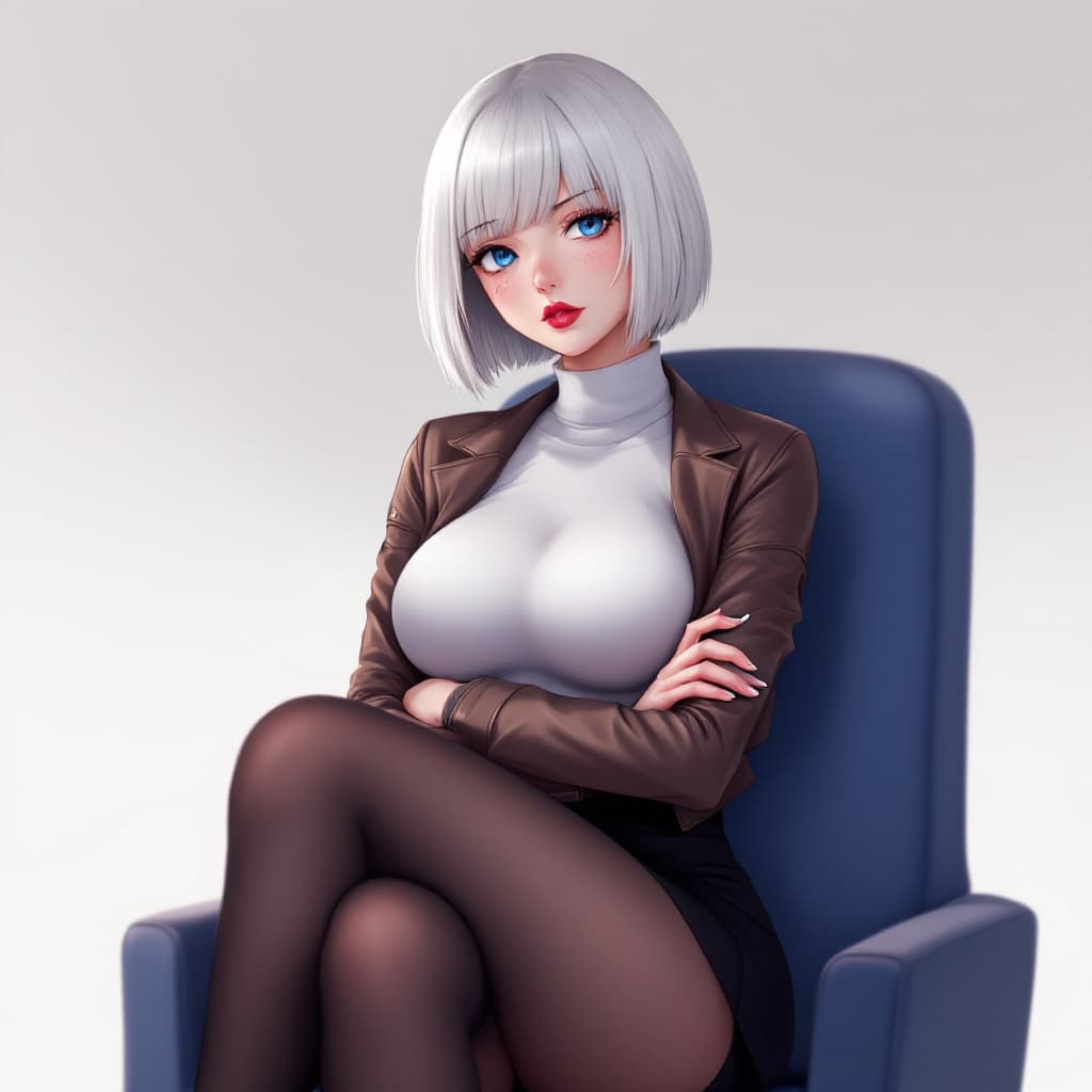 AI generated: anime, woman, white hair, bob cut, blue eyes, freckles, red lips, white turtle neck sweater, tight t...