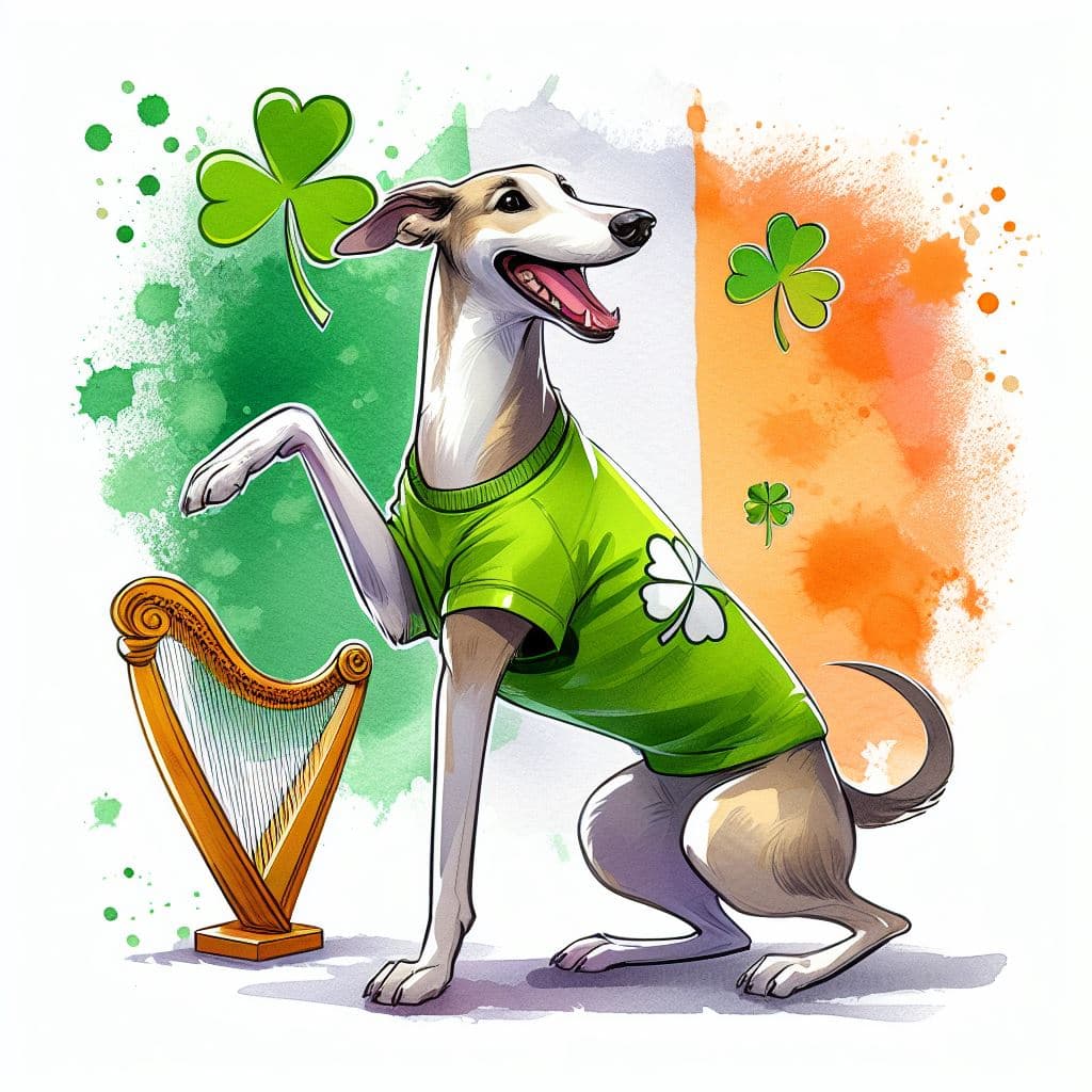 AI generated: ein niedlicher Greyhound, der mit dem Schwanz wedelt, und ein T-Shirt in den farben der irischen Fla...