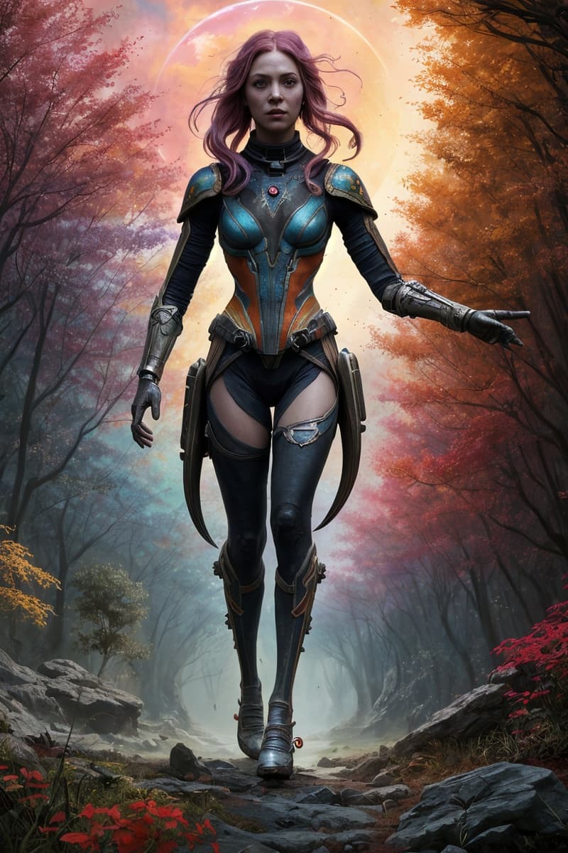AI generated: Craft a detailed visual narrative centered on an alien woman characterized by her striking multicolo...