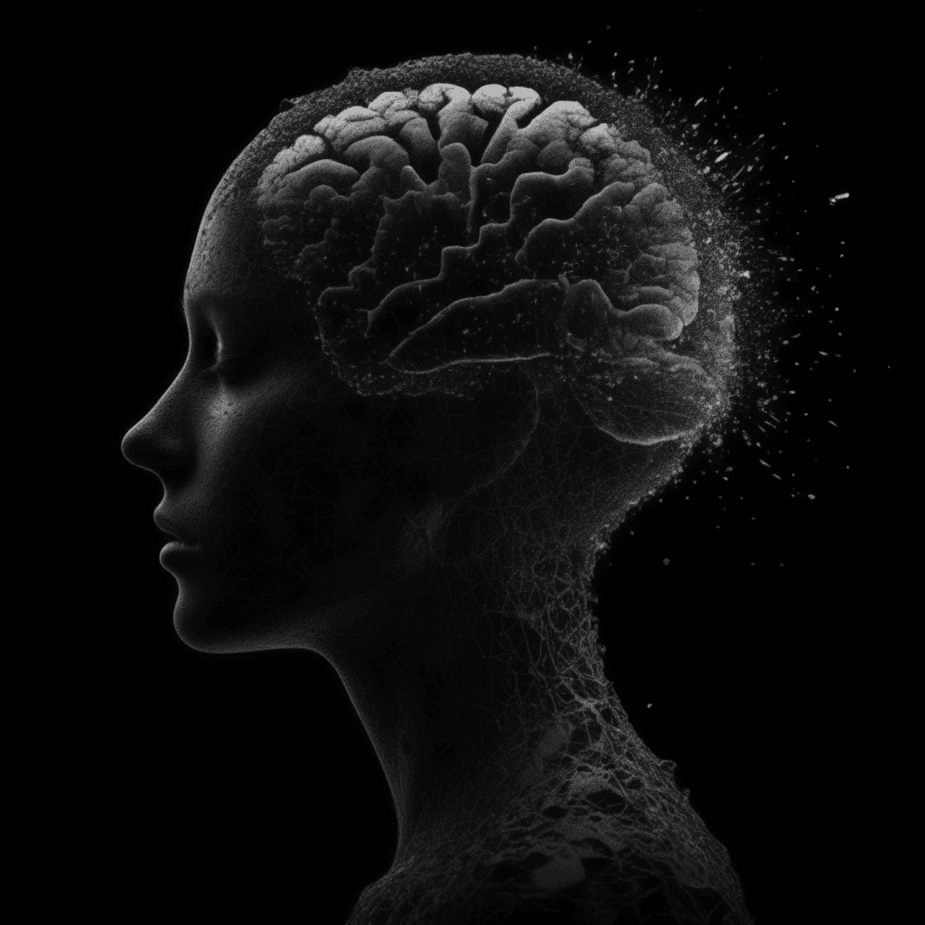 AI generated: pitch black background, concept art of [a silhouette outline of the brain : half shattered reality, ...