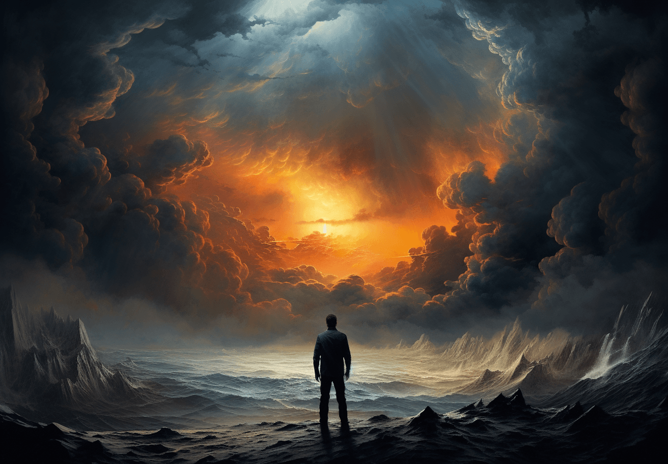 AI generated: a man standing under an angry cloud, in the style of apocalypse art, fantastic landscapes, spectacul...