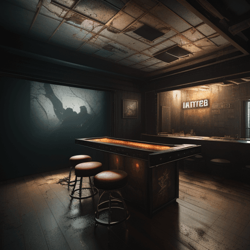 AI generated: Photo of a ultra realistic gaming and bar room in a house , dramatic light, wabi sabi style, cinemat...
