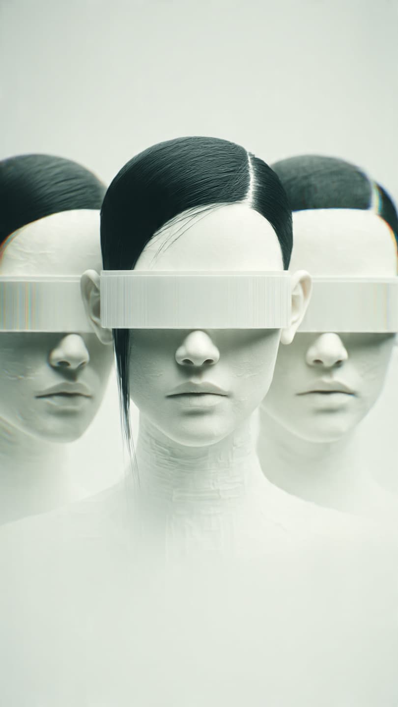 AI generated: Three disembodied alien females demonoids faces, each partially formed, and arranged horizontally on...