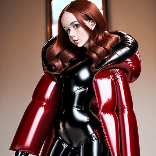 AI generated: an european woman with brown hair in a closed very puffy shiny red down-filled coat with a tight ver...