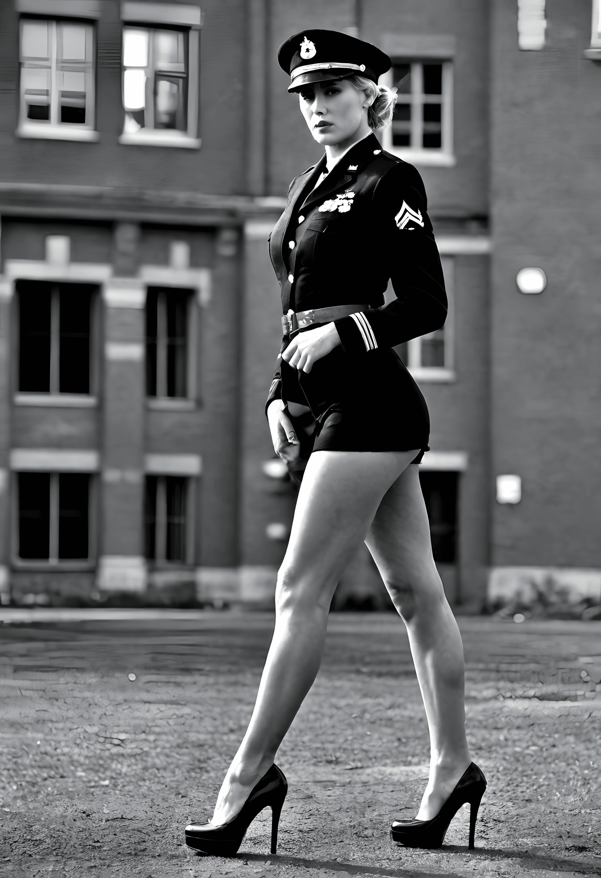 AI generated: Black-and-white photograph, confident female military officer striding across an urban courtyard, pe...