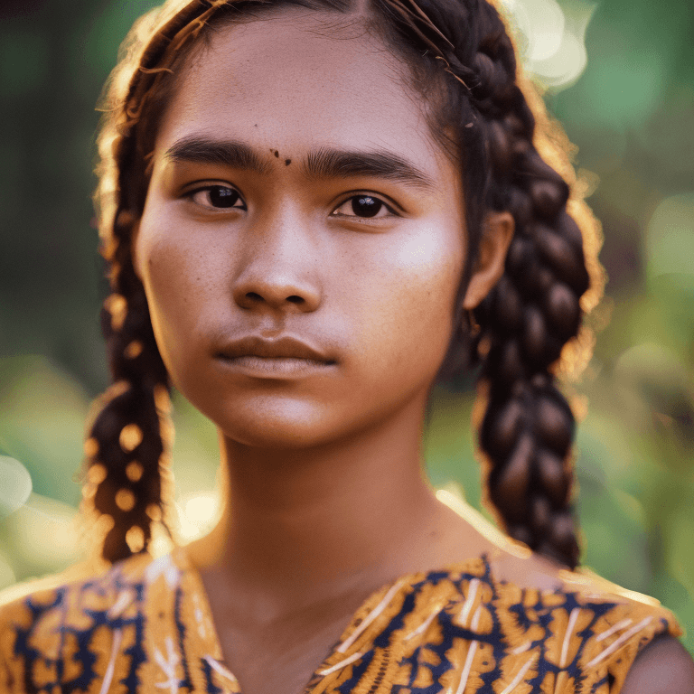 AI generated: A close-up portrait of a young indonesia woman with contemplative brown eyes and a side braid. Her o...